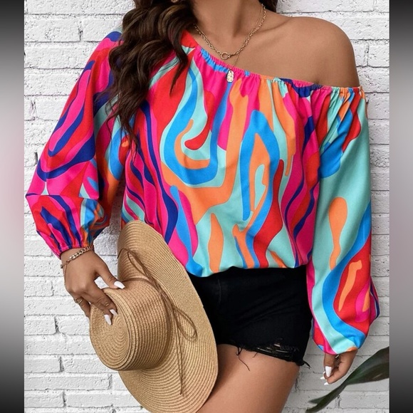 Boho geo print one shoulder blouse - Picture 1 of 9